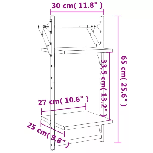 2 db 2 szintes szürke sonoma tölgy falipolc rúddal 30x25x65 cm