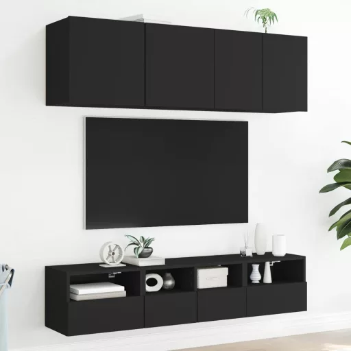 2 db fekete szerelt fa fali TV-szekrény 40 x 30 x 30 cm
