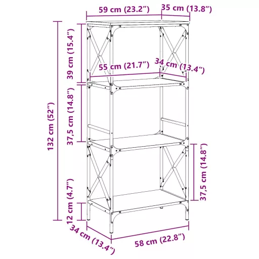 4 szintes fekete szerelt fa könyvespolc 59 x 35 x 132 cm