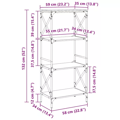 4 szintes barna tölgy színű szerelt fa könyvespolc 59x35x132 cm