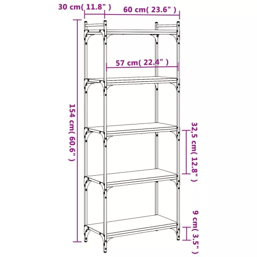 5 szintes fekete szerelt fa könyvespolc 60 x 30 x 154 cm