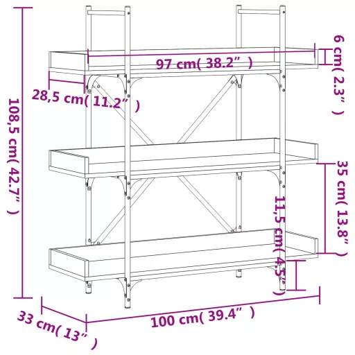 3-szintes fekete szerelt fa könyvespolc 100 x 33 x 108,5 cm