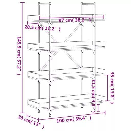 4-szintes sonoma tölgy szerelt fa könyvespolc 100x33x145,5 cm
