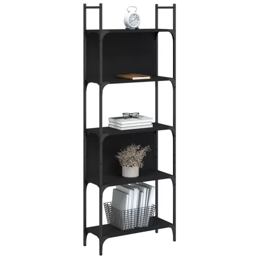 5 szintes fekete szerelt fa könyvespolc 60,5x24x166,5 cm