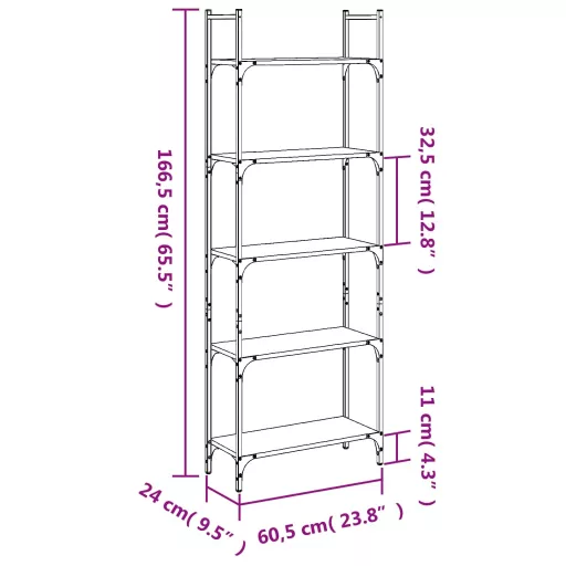 5 szintes fekete szerelt fa könyvespolc 60,5x24x166,5 cm