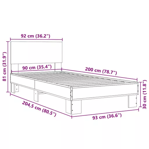 Füstös tölgyszínű szerelt fa és fém ágykeret 90 x 200 cm