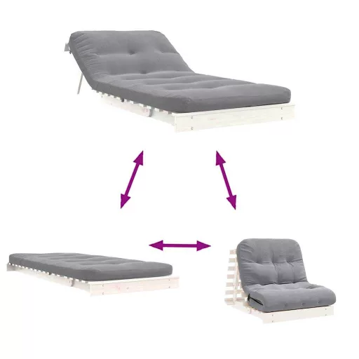 Fehér tömör fenyőfa futon kanapéágy matraccal 80 x 206 x 11 cm