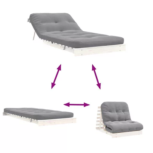 Fehér tömör fenyőfa futon kanapéágy matraccal 90 x 206 x 11 cm