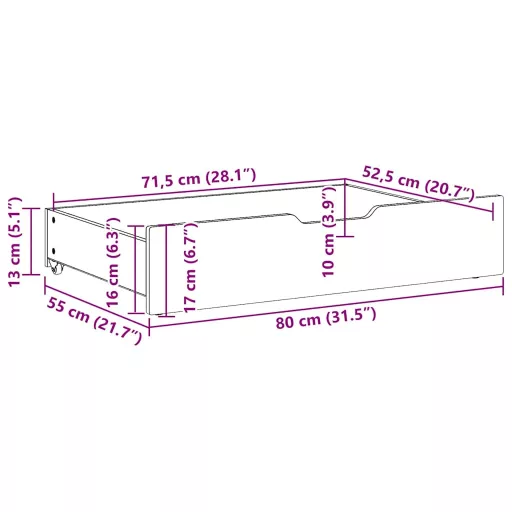 2 db tömör fenyőfa ágy alatti fiók kerekekkel 80 x 55 x 17 cm