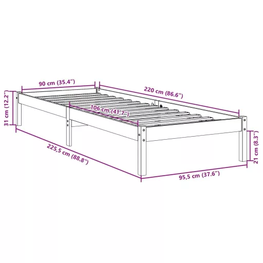 Tömör fenyőfa extra hosszú ágykeret matrac nélkül 90 x 220 cm