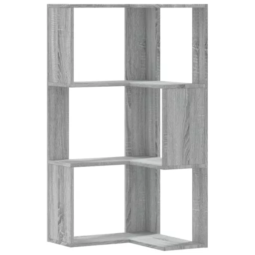 3 szintes szürke szerelt fa sarok könyvespolc 50 x 50 x 102 cm