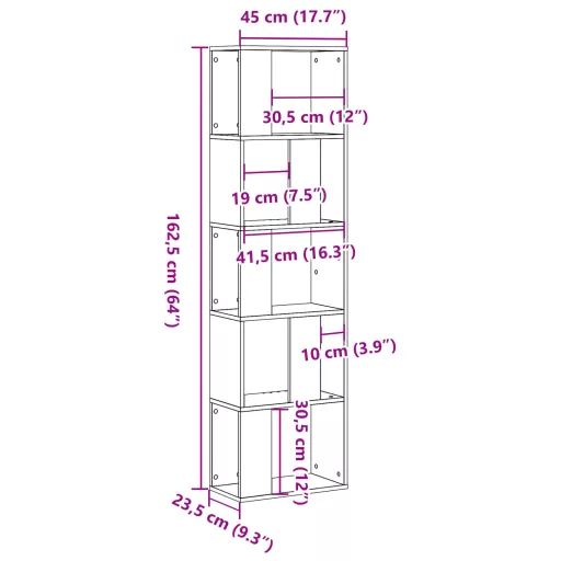 5 szintes barna tölgy szerelt fa könyvespolc 45x23,5x162,5 cm