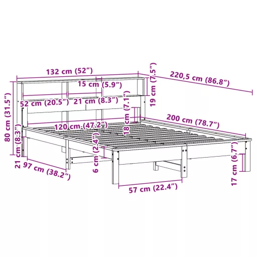 Barna tömör fenyőfa könyvespolcos ágy matrac nélkül 120 x 200cm