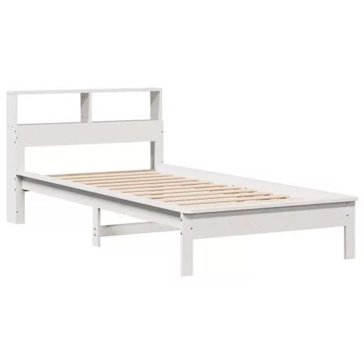 Fehér tömör fenyőfa könyvespolcos ágy matrac nélkül 90 x 200 cm