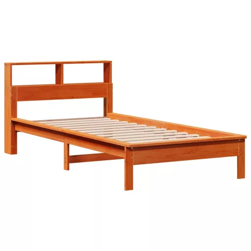 Barna tömör fenyőfa könyvespolcos ágy matrac nélkül 90 x 190 cm
