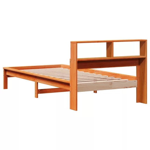 Barna tömör fenyőfa könyvespolcos ágy matrac nélkül 90 x 190 cm