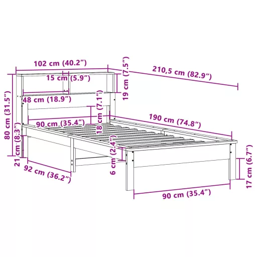 Barna tömör fenyőfa könyvespolcos ágy matrac nélkül 90 x 190 cm
