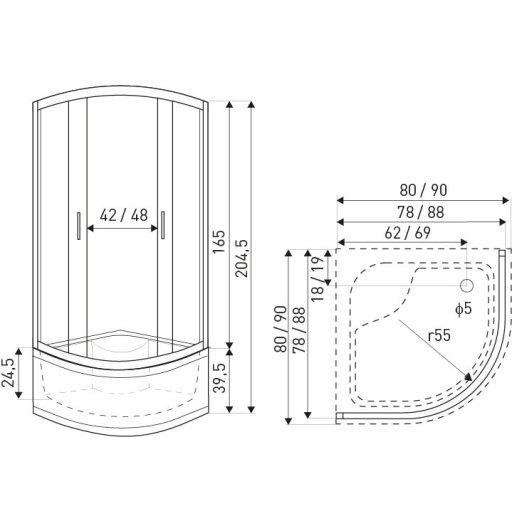 Malibu GL 80 íves mélytálcás zuhanykabin