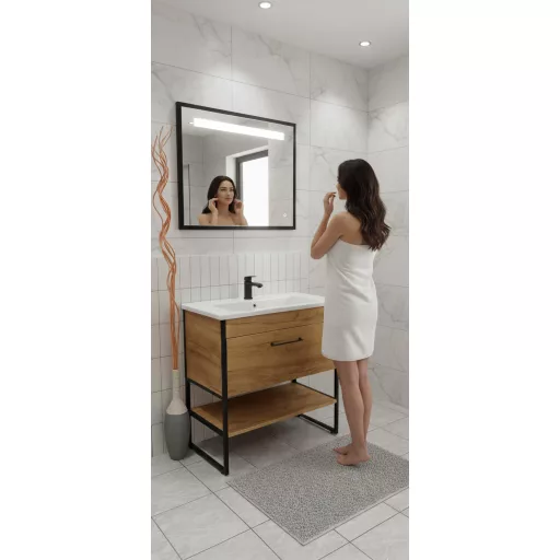 TMP IRON fürdőszobai tükör - FEKETE keret - szögletes - LED világítással - 75 x 68 cm