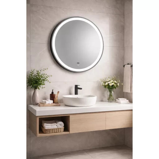 TMP IRON fürdőszoba tükör - FEKETE keret - kerek - LED világítással - érintésmentes kapcsoló - 70 cm