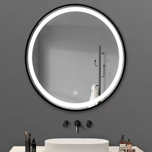 TMP IRON fürdőszoba tükör - FEKETE keret - kerek - LED világítással - érintésmentes kapcsoló - 70 cm