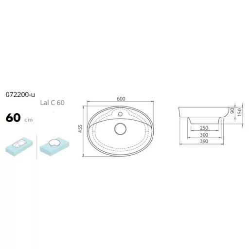 CeraStyle LAL C - PULTRA ültethető - Top Counter - porcelán mosdó - ovális - 60 x 46 cm