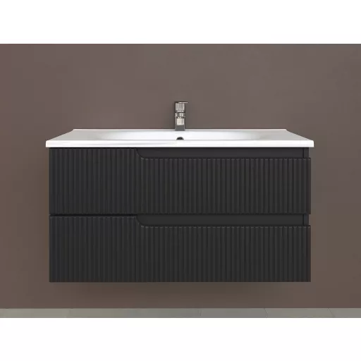 Piramida EURIDIKA fali fürdőszobabútor - műmárvány mosdóval -2 fiókos - PINO FEKETE - 100 x 48 x 53