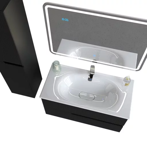 Piramida EURIDIKA fali fürdőszobabútor - műmárvány mosdóval -2 fiókos - PINO FEKETE - 100 x 48 x 53