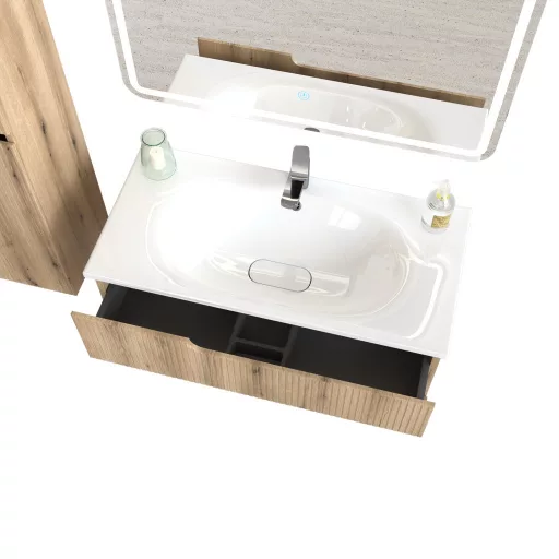 Piramida EURIDIKA fali fürdőszobabútor - műmárvány mosdóval -2 fiókos - PINO TÖLGY - 100 x 48 x 53 cm