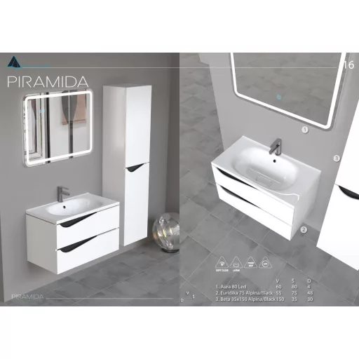 Piramida BETA fali fürdőszoba - állószekrény - FEHÉR-FEKETE - 35 x 150 x 30 cm