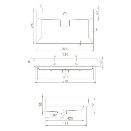 TMP TRIO 80 álló fürdőszobabútor - CeraStyle SHARP FEKETE mosdóval - 80 x 48 cm