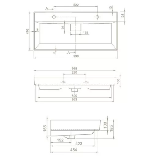 TMP SHARP 100D fali fürdőszobabútor - CeraStyle SHARP FEKETE DUPLA csaplyukas mosdóval - 100 x 48 cm
