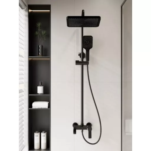 Caldo Freddo Zuhanyrendszer - CSAPTELEPPEL - szögletes - fejzuhany, zuhanyfej, gégecső - FEKETE