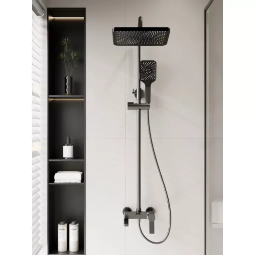 Caldo Freddo Zuhanyrendszer - CSAPTELEPPEL - szögletes - fejzuhany, zuhanyfej, gégecső - GUNMETAL