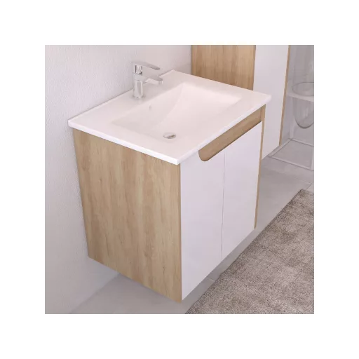 Piramida EURIDIKA fali fürdőszobabútor - műmárvány mosdóval -2 ajtós - FEHÉR-TÖLGY - 60 x 46 x 62 cm