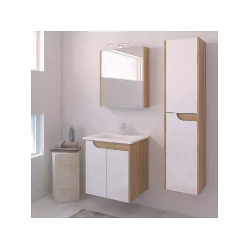 Piramida EURIDIKA fali fürdőszobabútor - műmárvány mosdóval -2 ajtós - FEHÉR-TÖLGY - 60 x 46 x 62 cm