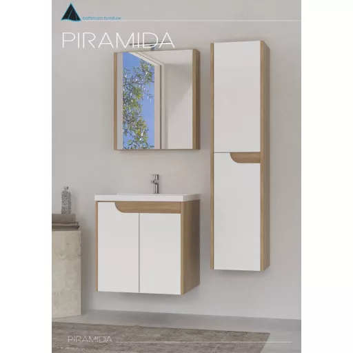 Piramida EURIDIKA fali fürdőszobabútor - műmárvány mosdóval -2 ajtós - FEHÉR-TÖLGY - 60 x 46 x 62 cm