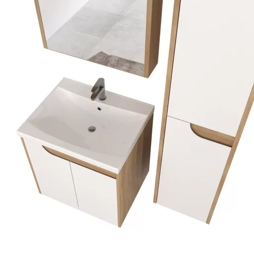 Piramida EURIDIKA fali fürdőszobabútor - műmárvány mosdóval -2 ajtós - FEHÉR-TÖLGY - 60 x 46 x 62 cm