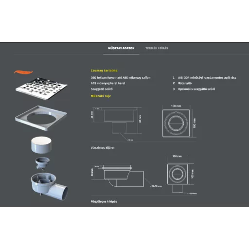 SAY Deniz 10 x 10 cm padlóösszefolyó, rozsdamentes ráccsal - oldalsó kifolyással Ø 50 mm