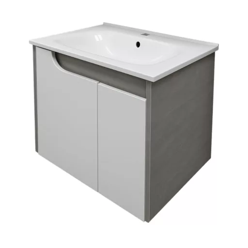 Piramida EURIDIKA fali fürdőszobabútor - műmárvány mosdóval -2 ajtós - FEHÉR-SZÜRKE - 65 x 48 x 62 cm