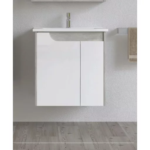 Piramida EURIDIKA fali fürdőszobabútor - műmárvány mosdóval -2 ajtós - FEHÉR-SZÜRKE - 65 x 48 x 62 cm