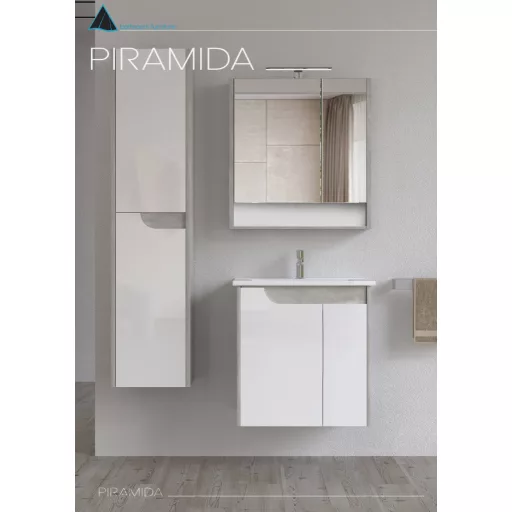 Piramida EURIDIKA fali fürdőszobabútor - műmárvány mosdóval -2 ajtós - FEHÉR-SZÜRKE - 65 x 48 x 62 cm