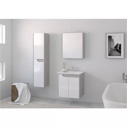 Piramida EURIDIKA fali fürdőszobabútor - műmárvány mosdóval -2 ajtós - FEHÉR-SZÜRKE - 65 x 48 x 62 cm