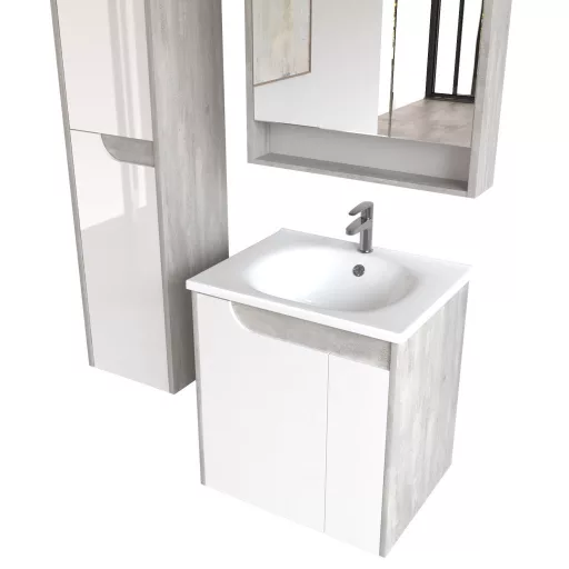 Piramida EURIDIKA fali fürdőszobabútor - műmárvány mosdóval -2 ajtós - FEHÉR-SZÜRKE - 65 x 48 x 62 cm