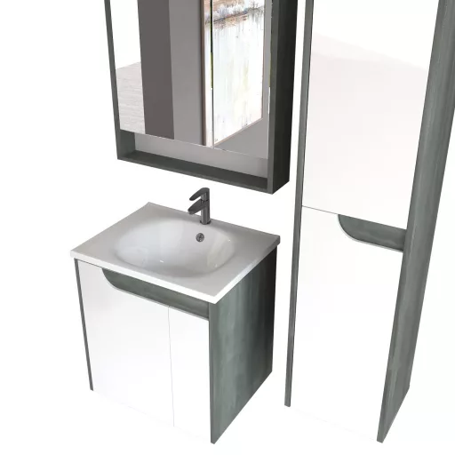 Piramida EURIDIKA fali fürdőszobabútor - műmárvány mosdóval -2 ajtós - FEHÉR-SÖTÉT - 65 x 48 x 62 cm