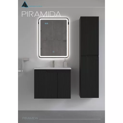 Piramida EURIDIKA fali fürdőszobabútor - műmárvány mosdóval -2 ajtós - PINO FEKETE - 65 x 48 x 53 cm