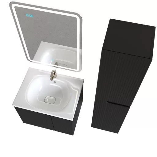 Piramida EURIDIKA fali fürdőszobabútor - műmárvány mosdóval -2 ajtós - PINO FEKETE - 65 x 48 x 53 cm