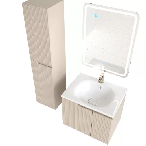 Piramida EURIDIKA fali fürdőszobabútor - műmárvány mosdóval -2 ajtós - PINO BÉZS - 65 x 48 x 53 cm