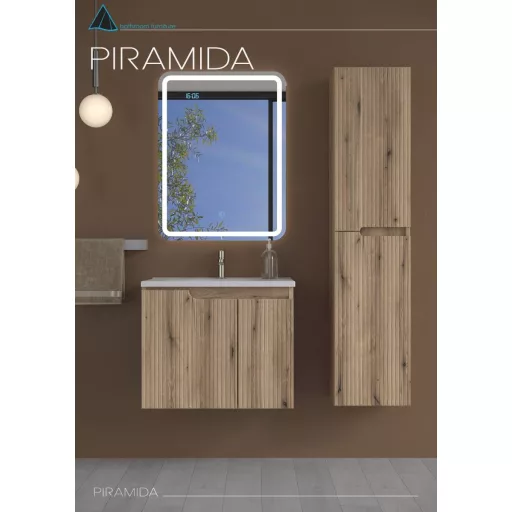 Piramida EURIDIKA fali fürdőszobabútor - műmárvány mosdóval -2 ajtós - PINO TÖLGY - 65 x 48 x 53 cm