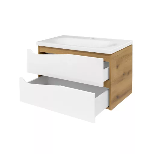 Piramida EURIDIKA fali fürdőszobabútor - műmárvány mosdóval -2 fiókos - ALPINFEHÉR-TÖLGY - 75 x 48 x 55 cm
